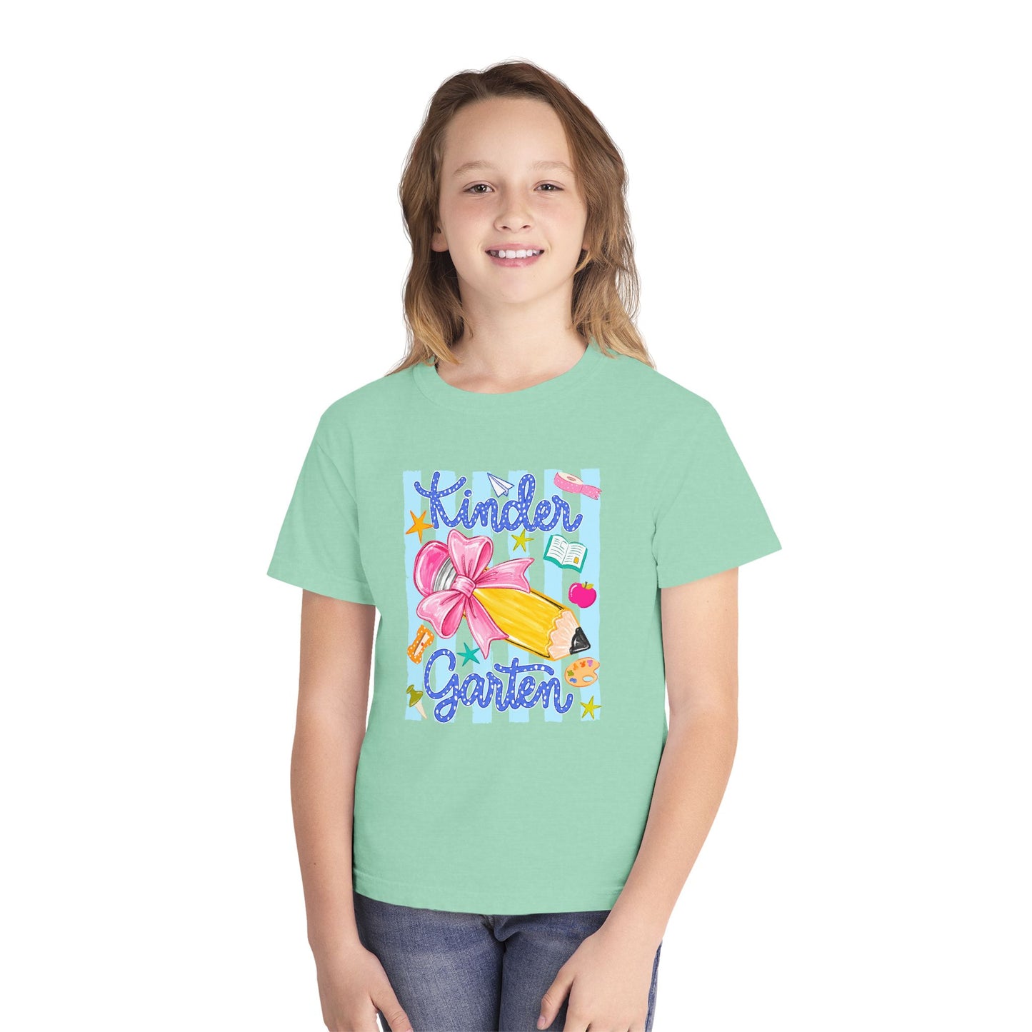 Kindergarten Pencil Bow Youth Tee — Back to School Cute Kids Shirt