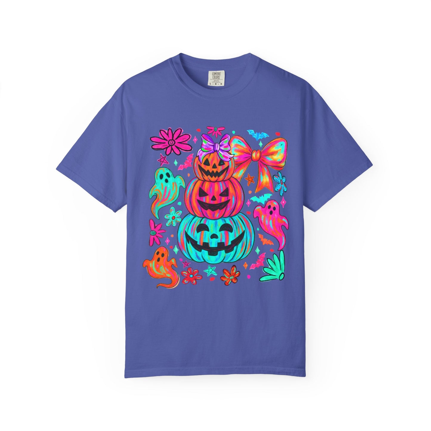 Halloween Neon Pumpkins T-Shirt — Colorful Stack Jack-O’-Lanterns & Ghosts