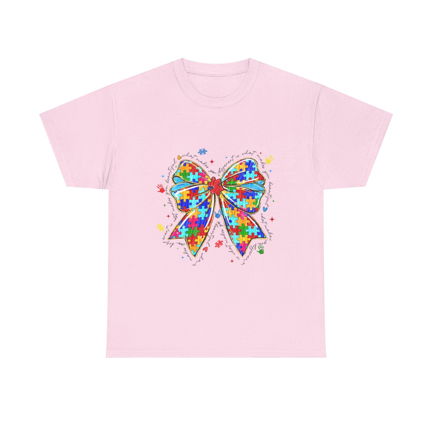 Autism Awareness Puzzle Bow T-Shirt — Colorful Support Ribbon Tee