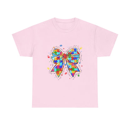 Autism Awareness Puzzle Bow T-Shirt — Colorful Support Ribbon Tee