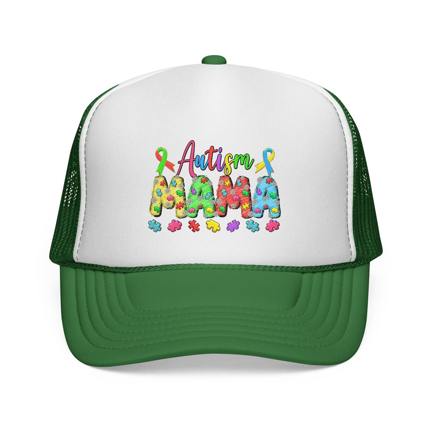 Autism Mama Trucker Hat - Colorful Puzzle Ribbon Support Cap