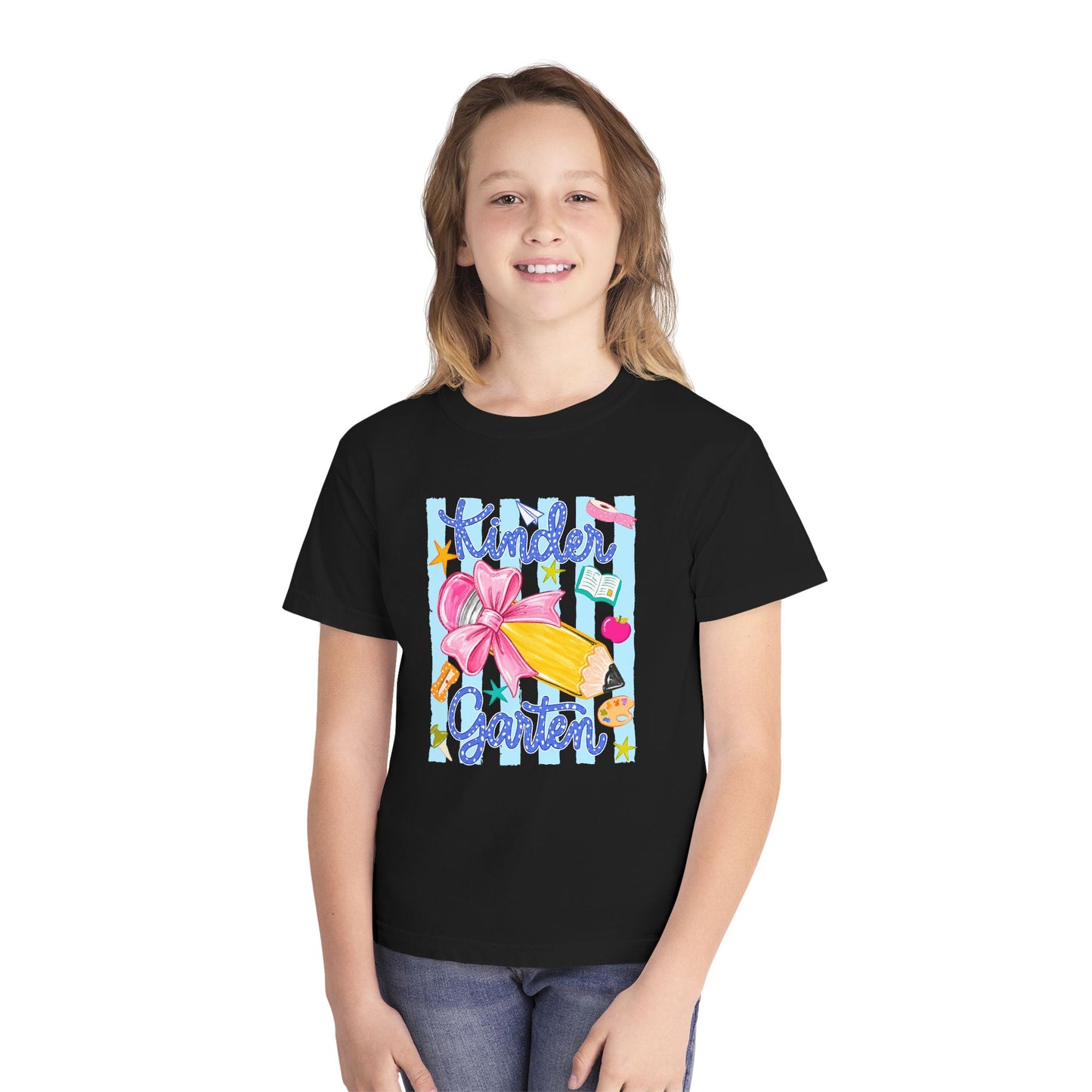 Kindergarten Pencil Bow Youth Tee — Back to School Cute Kids Shirt