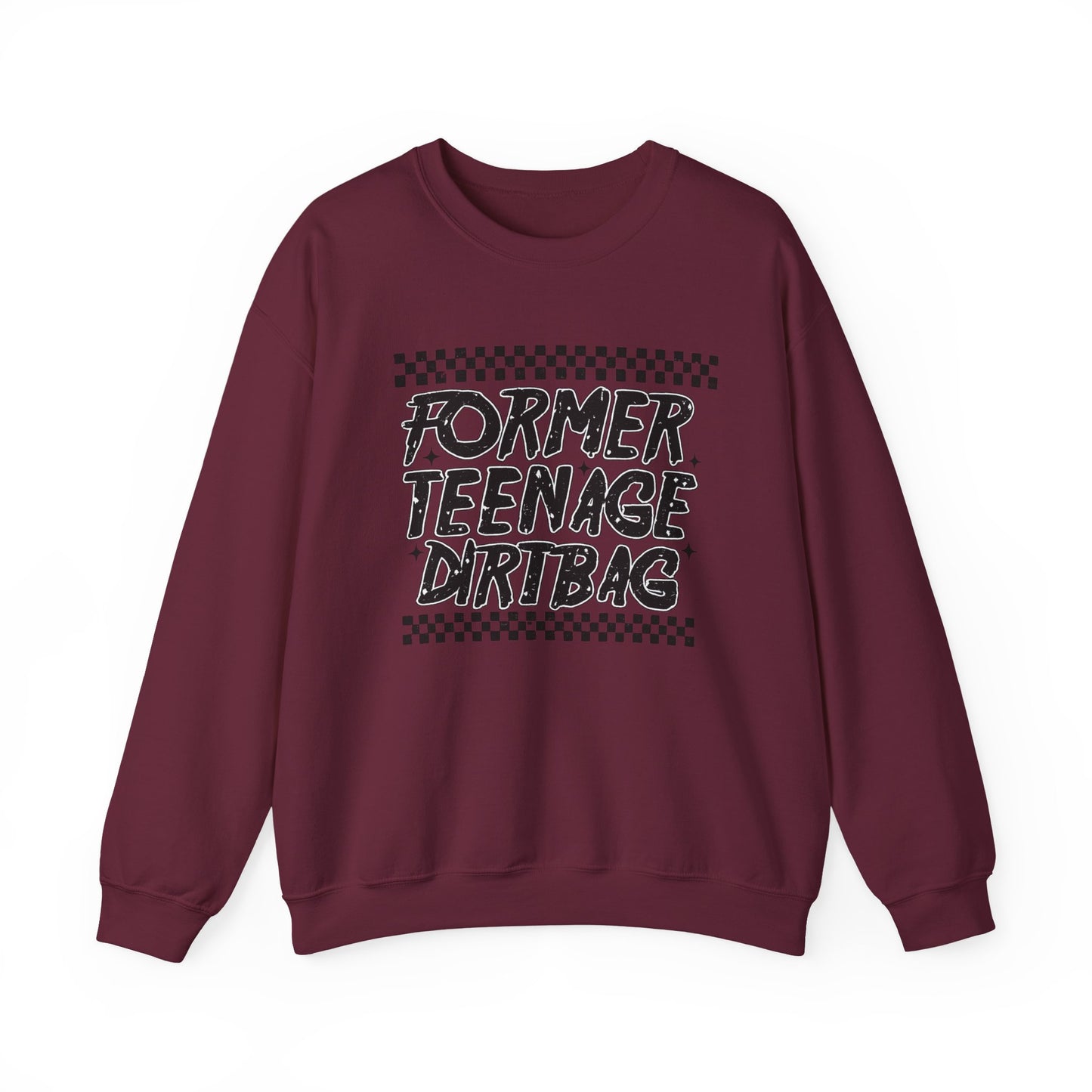 Crewneck Sweatshirt — "Former Teenage Dirtbag" Retro Checkered Graphic
