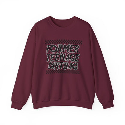 Crewneck Sweatshirt — "Former Teenage Dirtbag" Retro Checkered Graphic