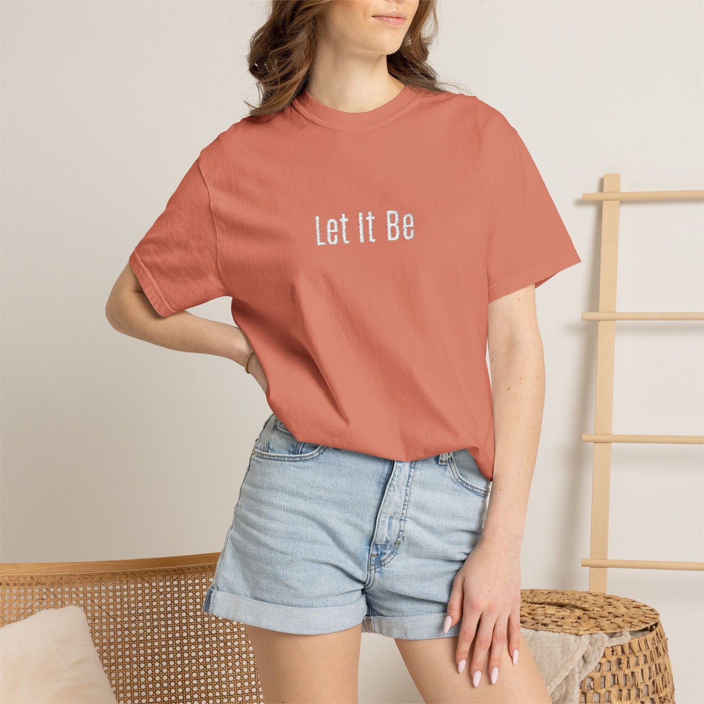 Embroidered T-Shirt — 'Let It Be' Minimal Script Graphic Tee