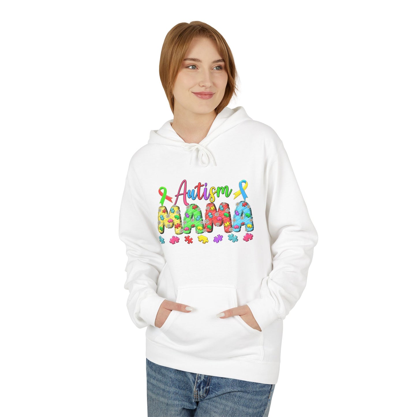 Autism Mama Hoodie — Colorful Puzzle-Print Mom Sweatshirt