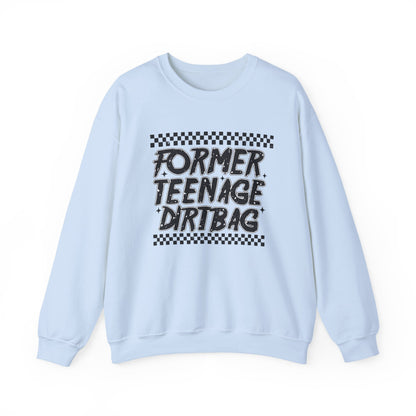 Crewneck Sweatshirt — "Former Teenage Dirtbag" Retro Checkered Graphic