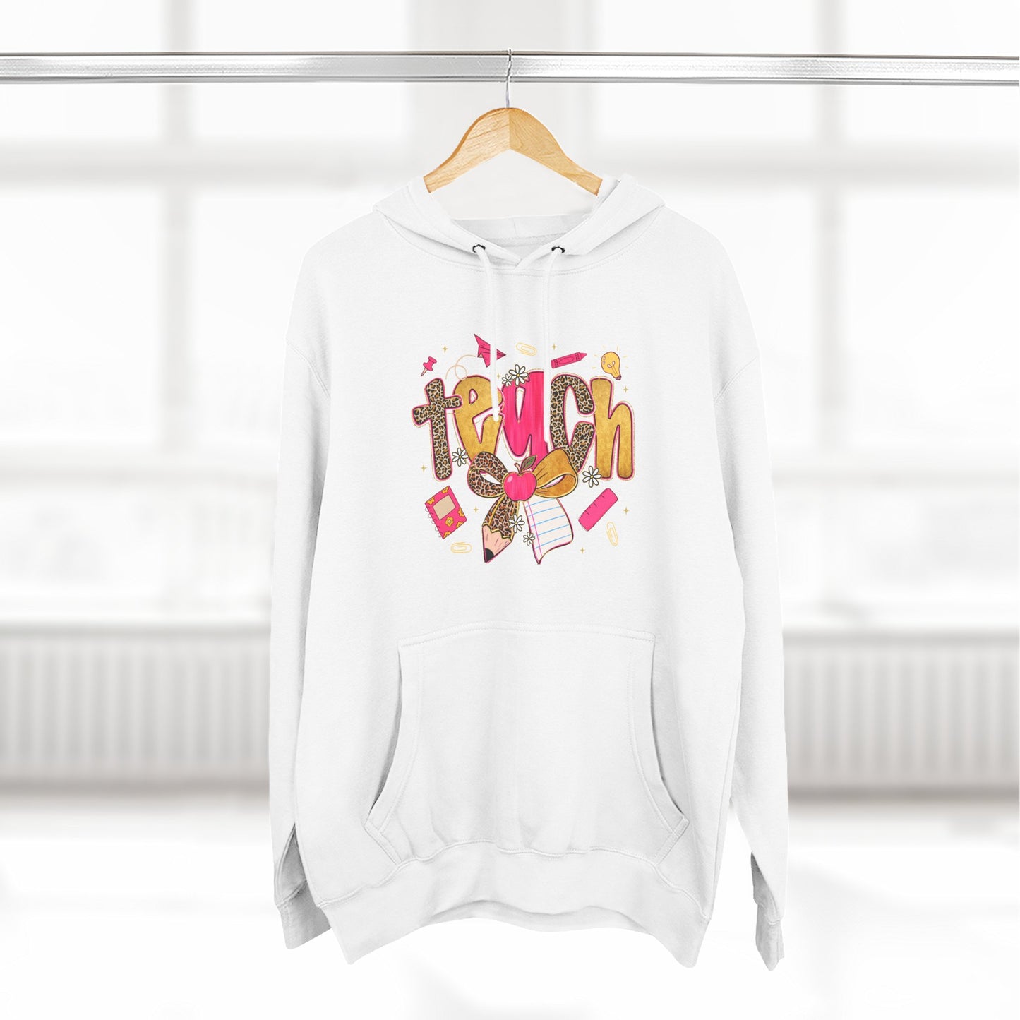 Teacher Cute Graphic Hoodie — "Teach" School Supplies Design
