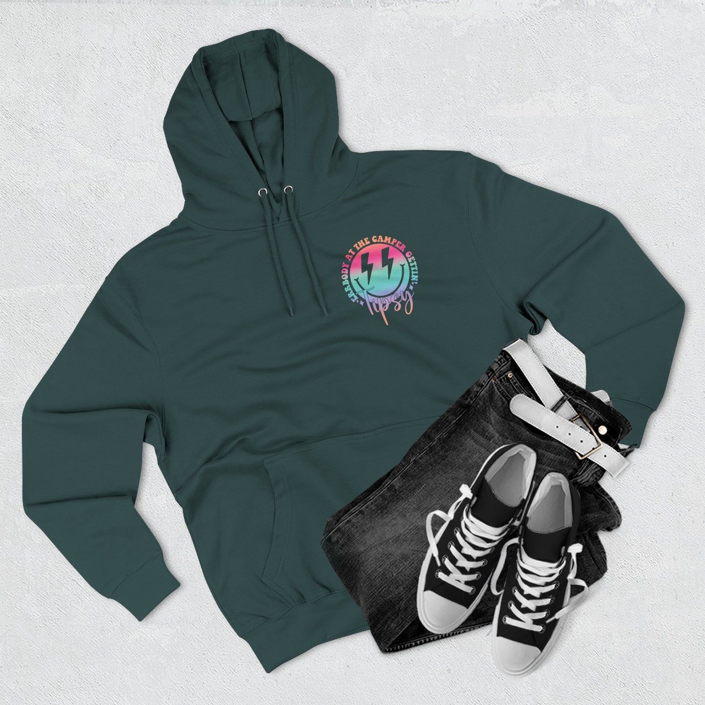Gettin' Tipsy Camper Hoodie — Retro Pastel Camping Graphic Fleece