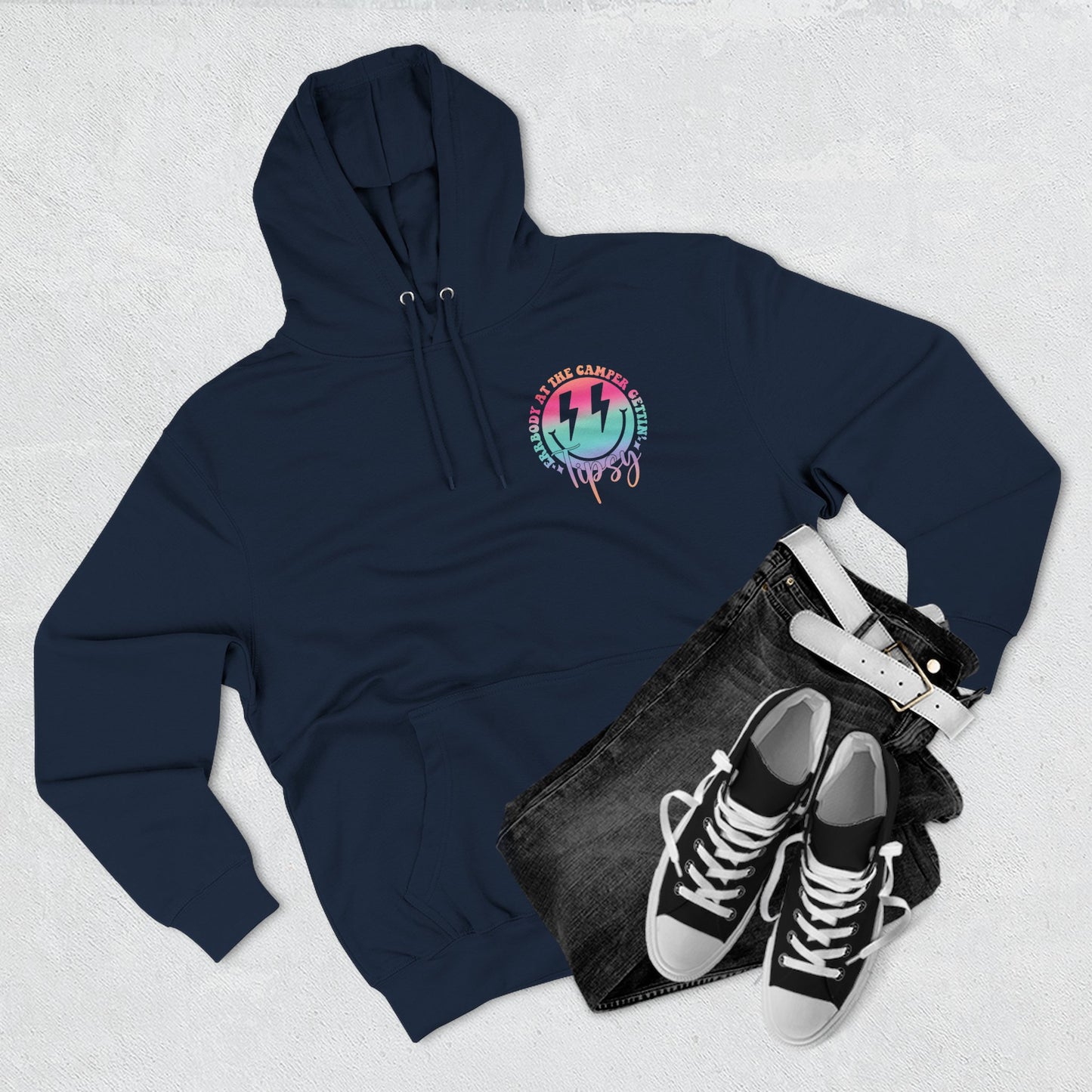 Gettin' Tipsy Camper Hoodie — Retro Pastel Camping Graphic Fleece