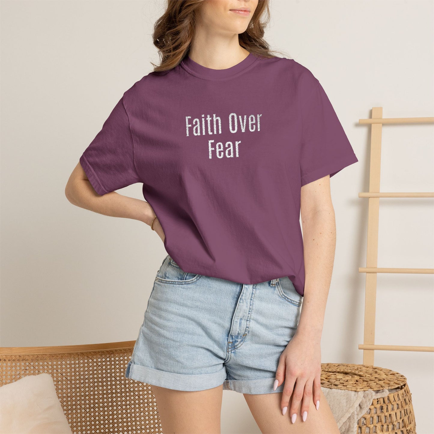 Faith Over Fear Embroidered T-Shirt — Inspirational Christian Tee