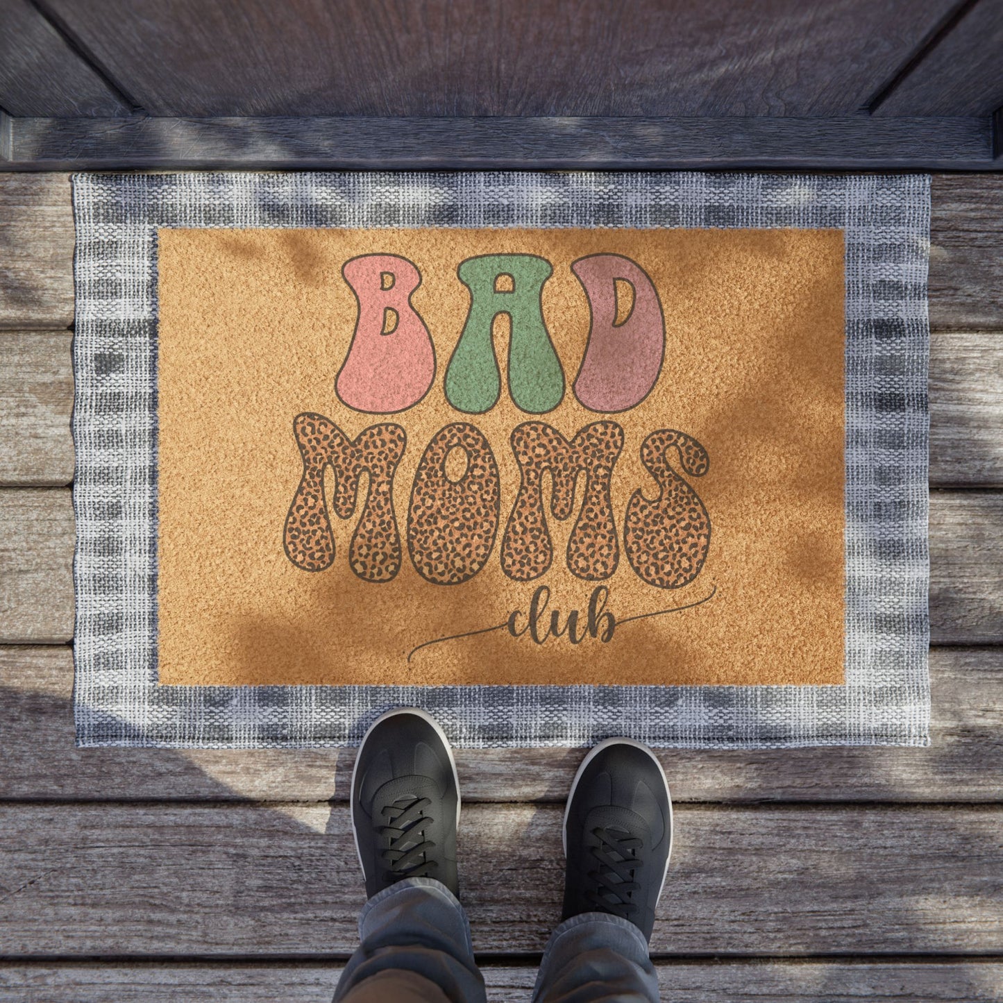 Bad Moms Club Doormat — Retro Leopard Print Welcome Mat for Funny Mom Gifts