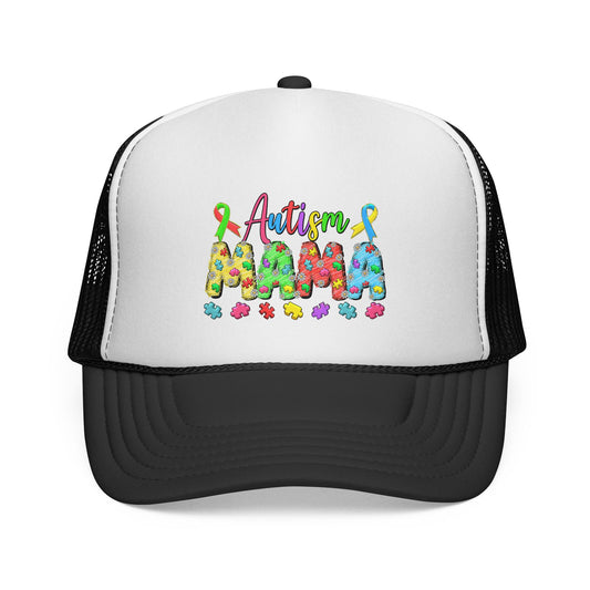 Autism Mama Trucker Hat - Colorful Puzzle Ribbon Support Cap