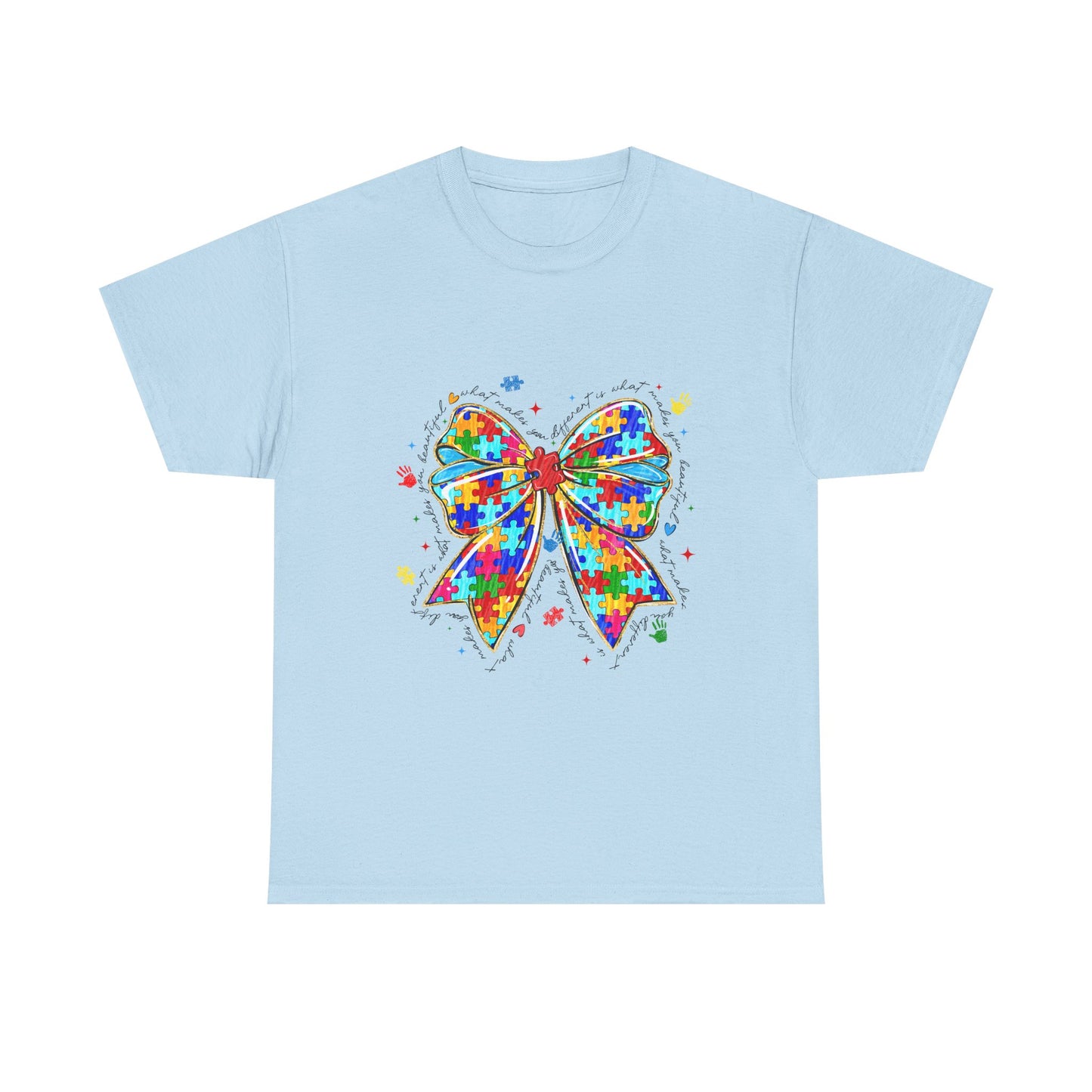 Autism Awareness Puzzle Bow T-Shirt — Colorful Support Ribbon Tee