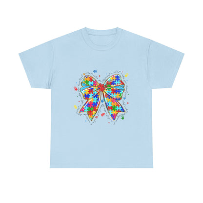 Autism Awareness Puzzle Bow T-Shirt — Colorful Support Ribbon Tee