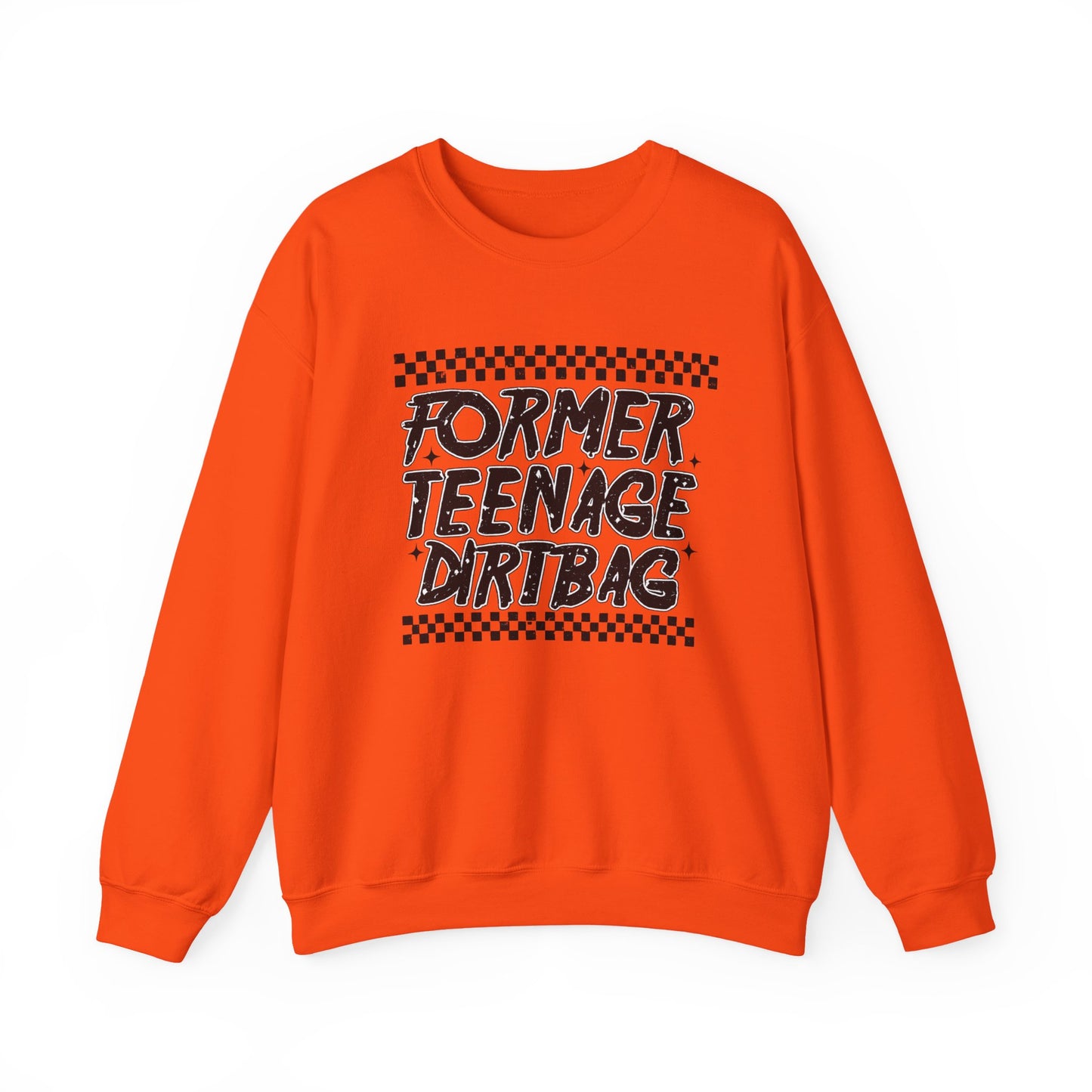 Crewneck Sweatshirt — "Former Teenage Dirtbag" Retro Checkered Graphic