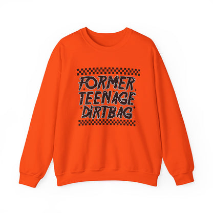 Crewneck Sweatshirt — "Former Teenage Dirtbag" Retro Checkered Graphic