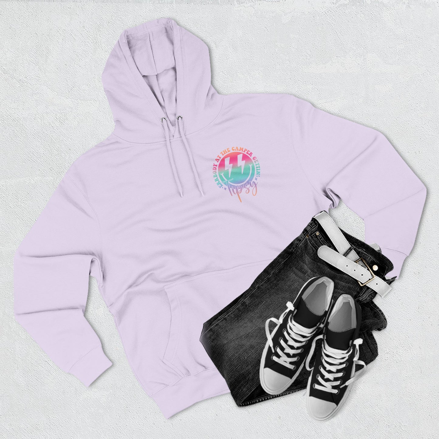 Gettin' Tipsy Camper Hoodie — Retro Pastel Camping Graphic Fleece