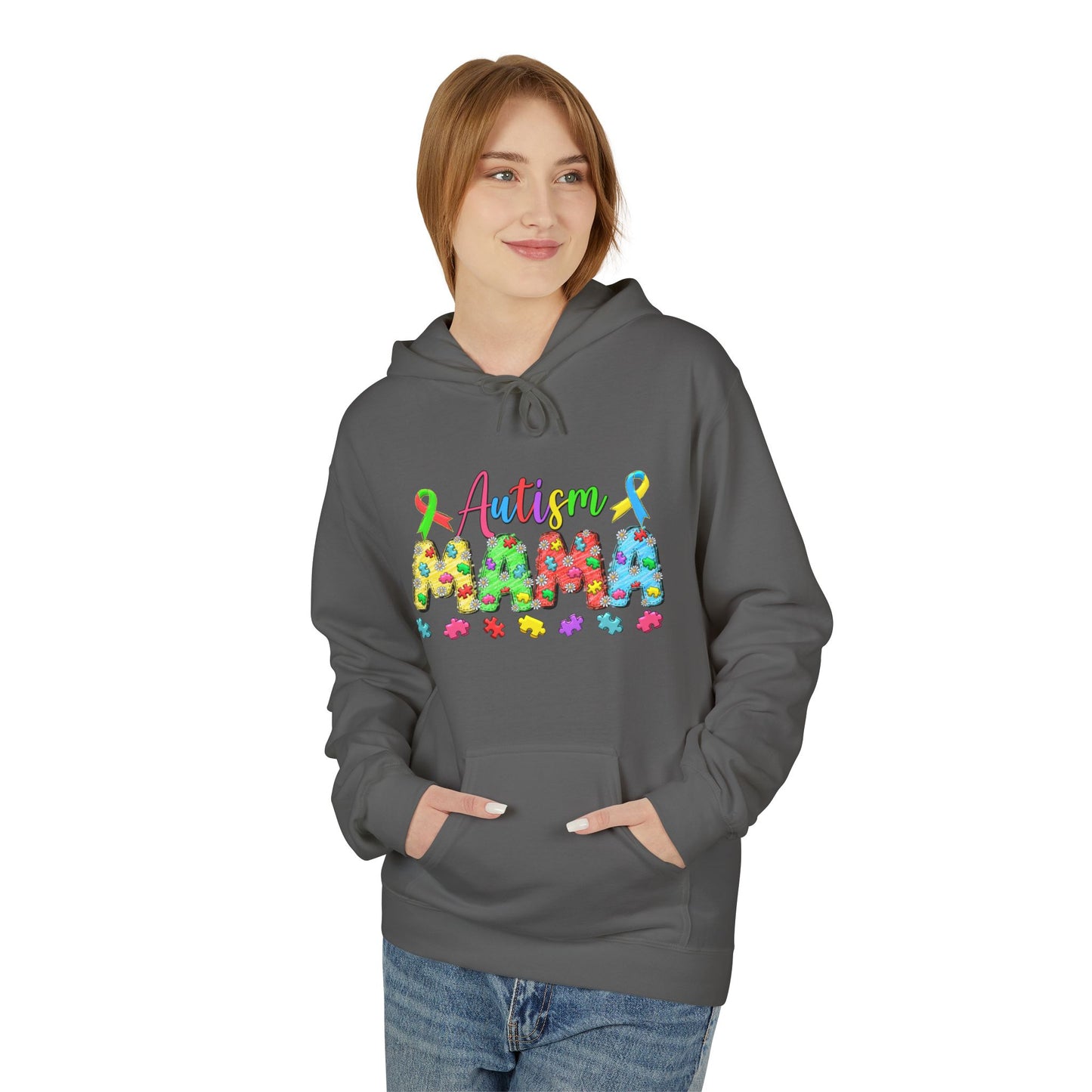Autism Mama Hoodie — Colorful Puzzle-Print Mom Sweatshirt