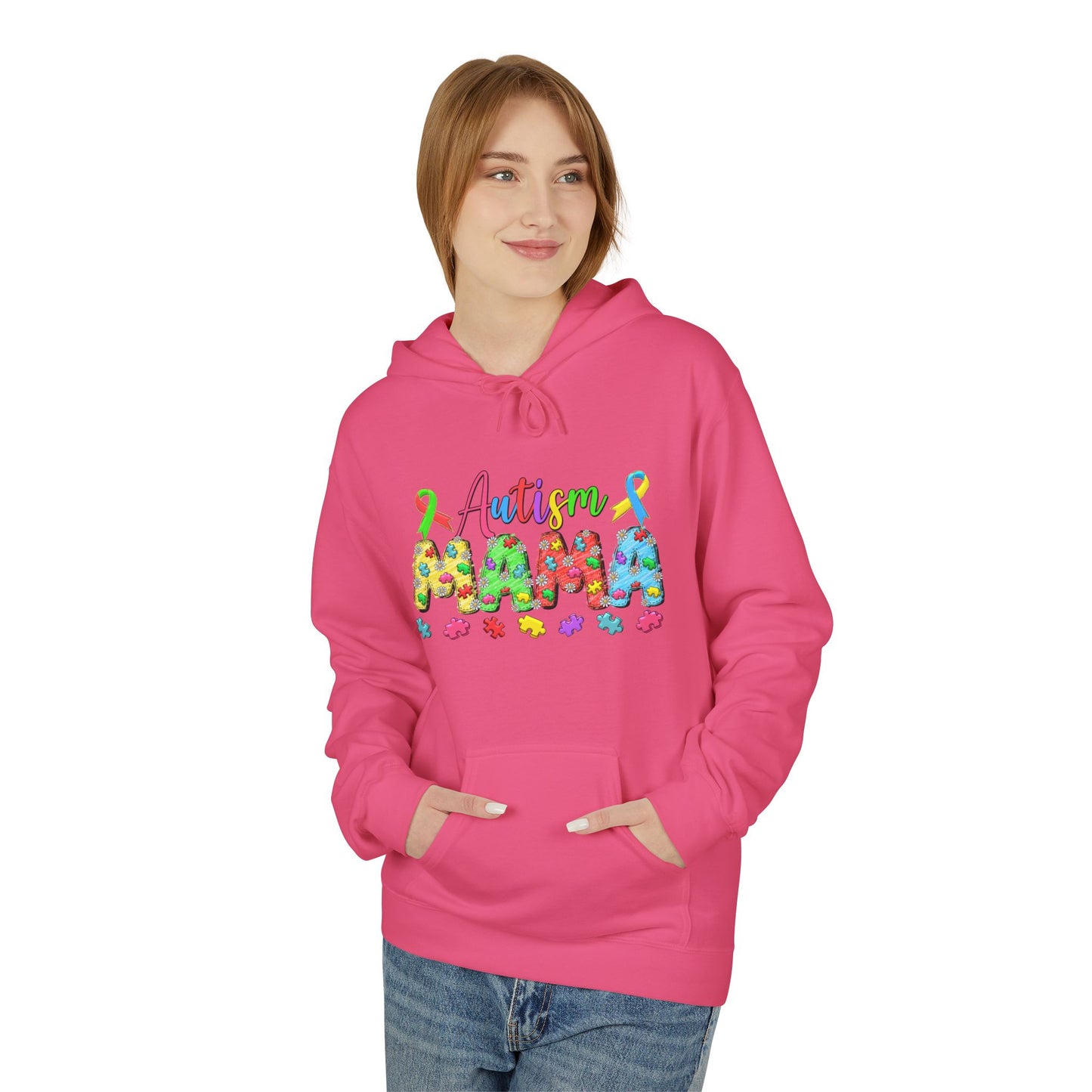 Autism Mama Hoodie — Colorful Puzzle-Print Mom Sweatshirt