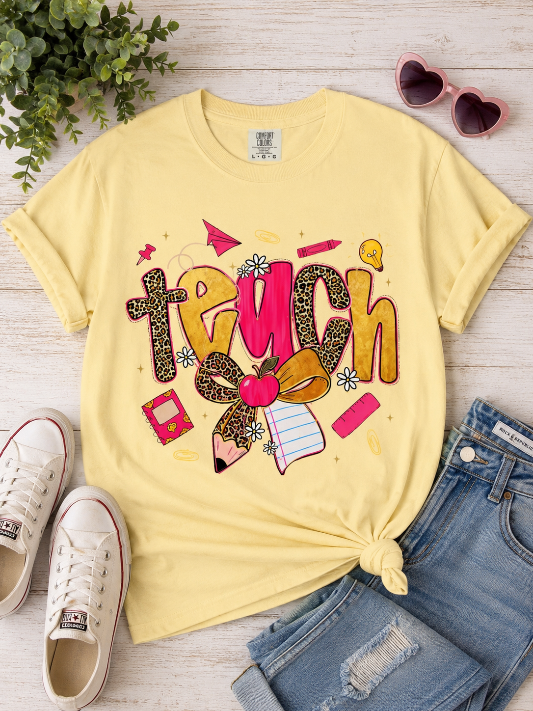 Teacher Graphic T‑Shirt — Colorful 'Teach' School Supplies Design for Educators