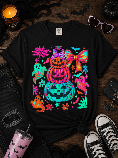 Halloween Neon Pumpkins T-Shirt — Colorful Stack Jack-O’-Lanterns & Ghosts