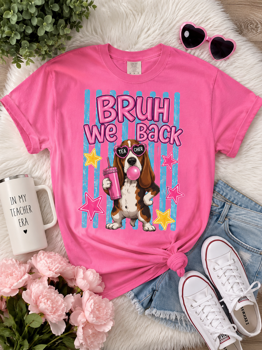 Bruh We Back T-Shirt — Cute Basset Hound Bubblegum Graphic Tee