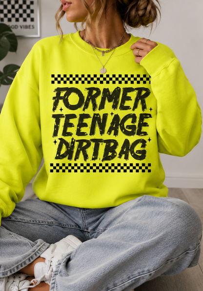 Crewneck Sweatshirt — "Former Teenage Dirtbag" Retro Checkered Graphic