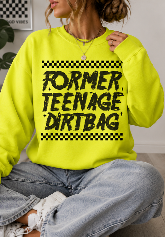Crewneck Sweatshirt — "Former Teenage Dirtbag" Retro Checkered Graphic