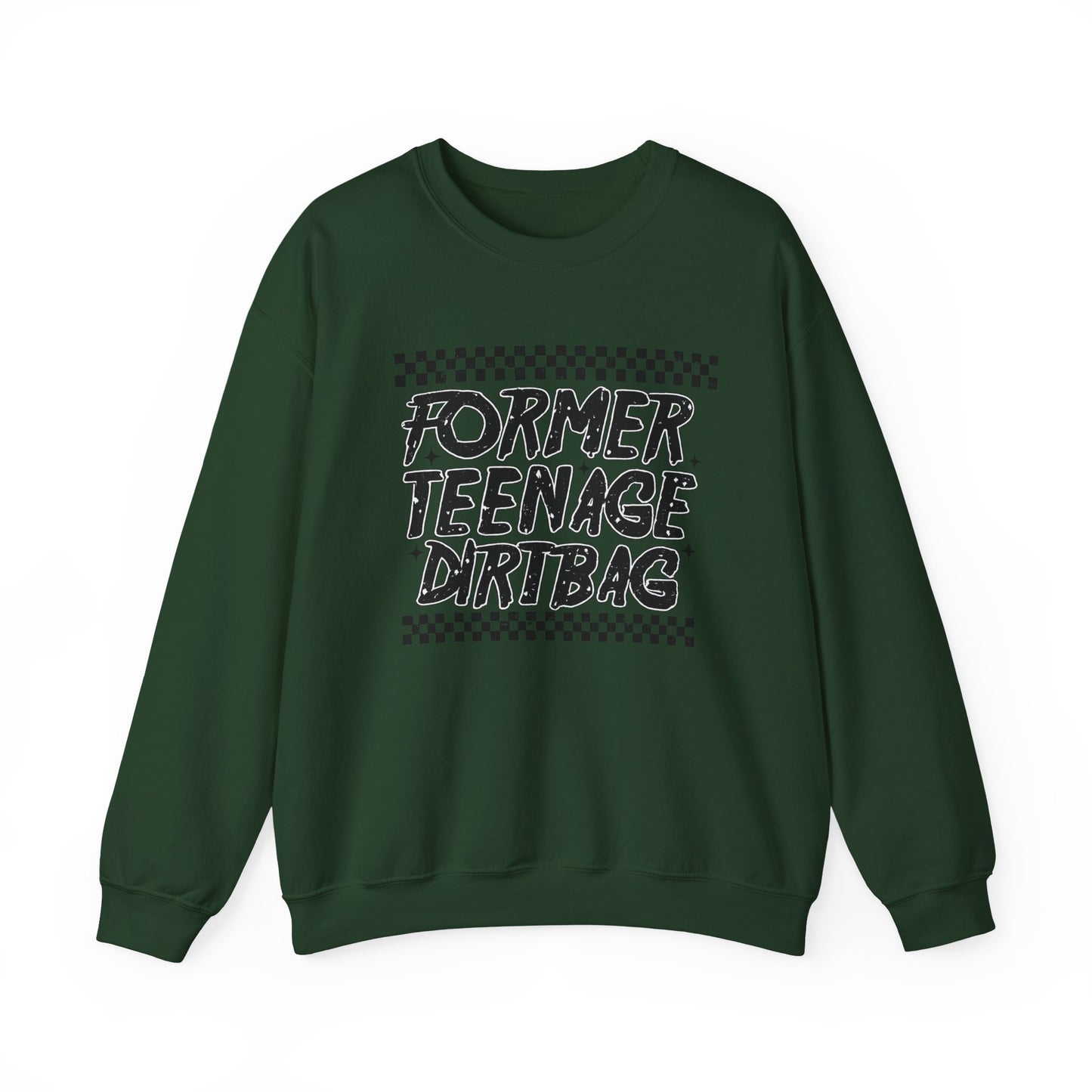 Crewneck Sweatshirt — "Former Teenage Dirtbag" Retro Checkered Graphic