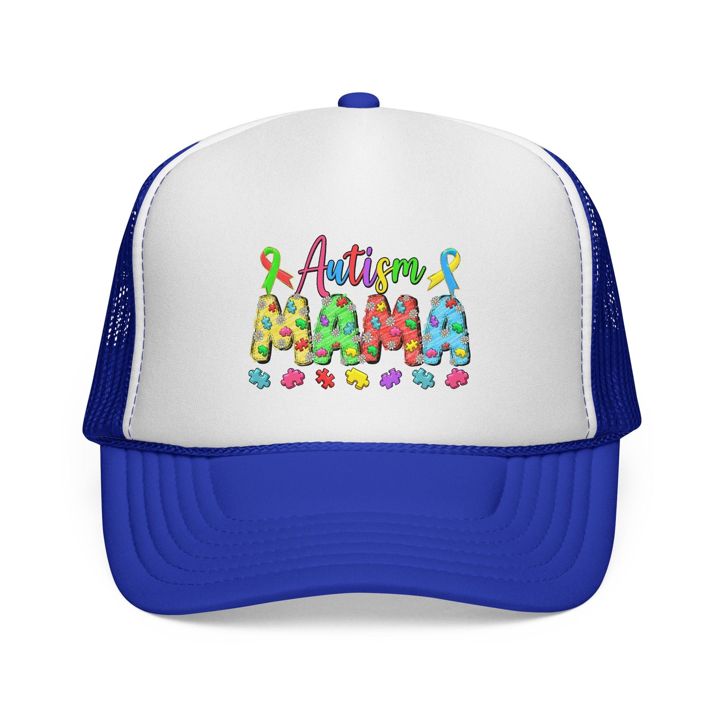 Autism Mama Trucker Hat - Colorful Puzzle Ribbon Support Cap