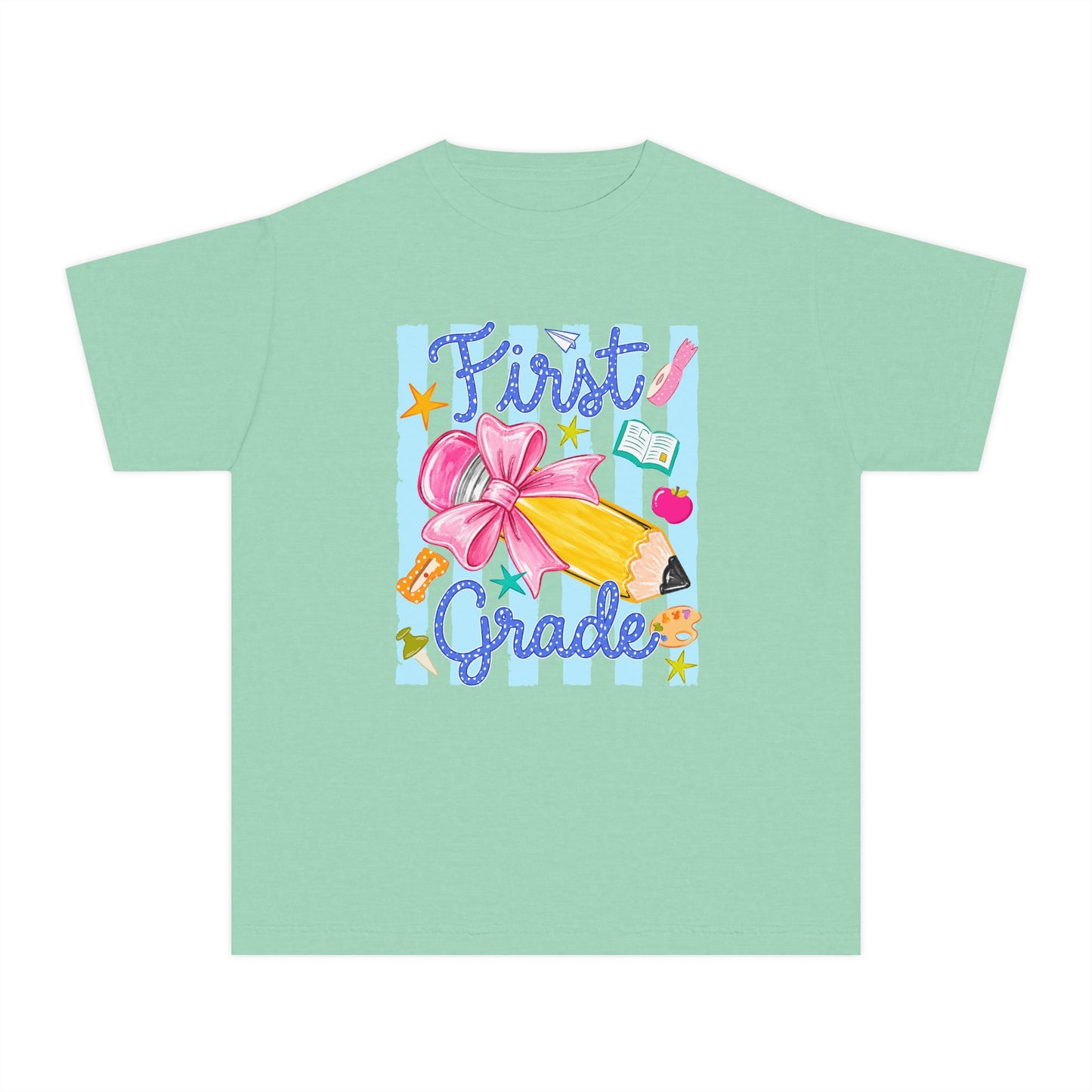 First Grade Youth Tee — Back to School Girls' Cute Pencil & Bow Design