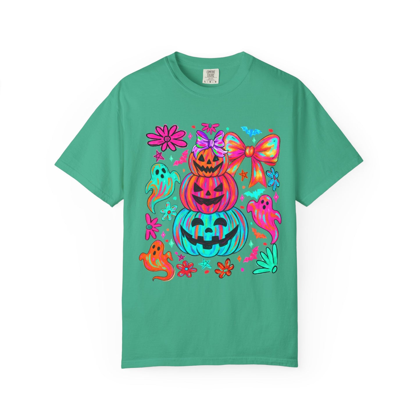 Halloween Neon Pumpkins T-Shirt — Colorful Stack Jack-O’-Lanterns & Ghosts