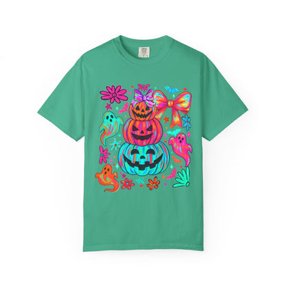 Halloween Neon Pumpkins T-Shirt — Colorful Stack Jack-O’-Lanterns & Ghosts