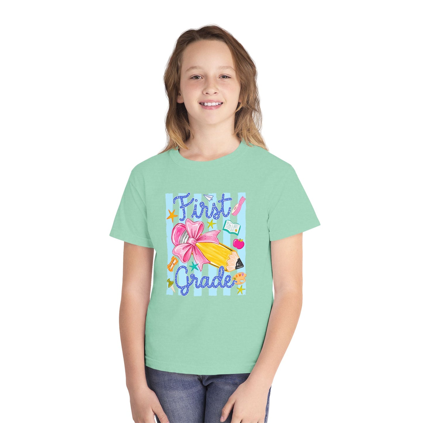 First Grade Youth Tee — Back to School Girls' Cute Pencil & Bow Design