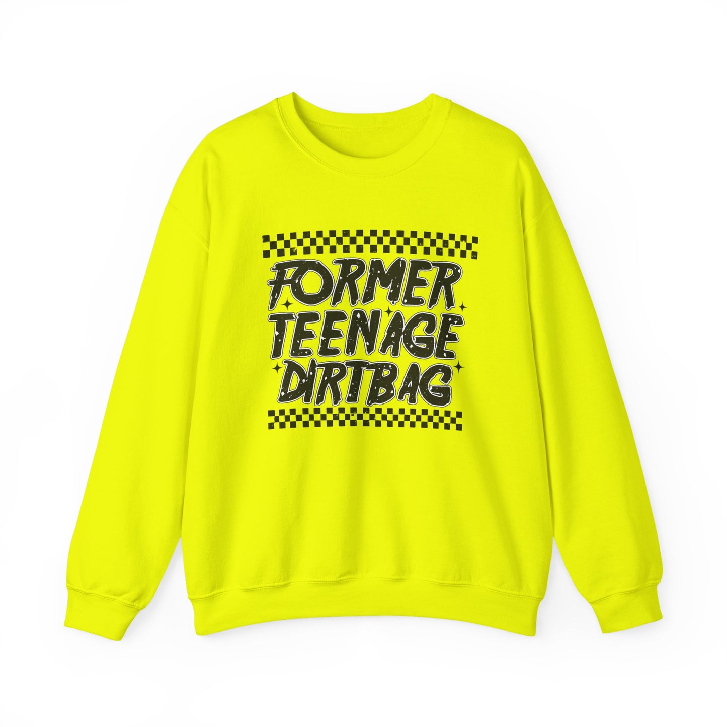 Crewneck Sweatshirt — "Former Teenage Dirtbag" Retro Checkered Graphic