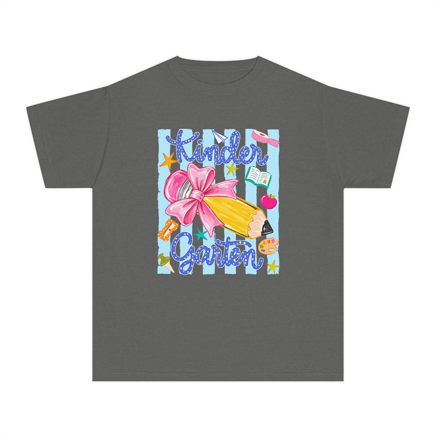 Kindergarten Pencil Bow Youth Tee — Back to School Cute Kids Shirt