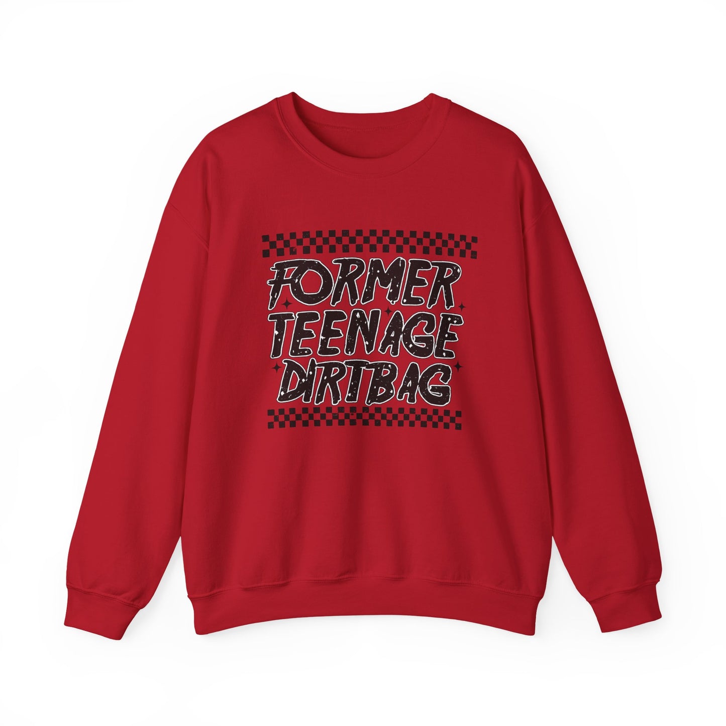 Crewneck Sweatshirt — "Former Teenage Dirtbag" Retro Checkered Graphic