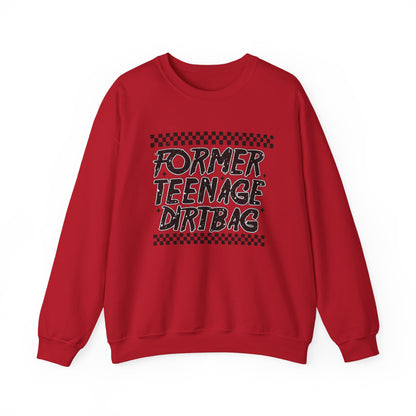 Crewneck Sweatshirt — "Former Teenage Dirtbag" Retro Checkered Graphic