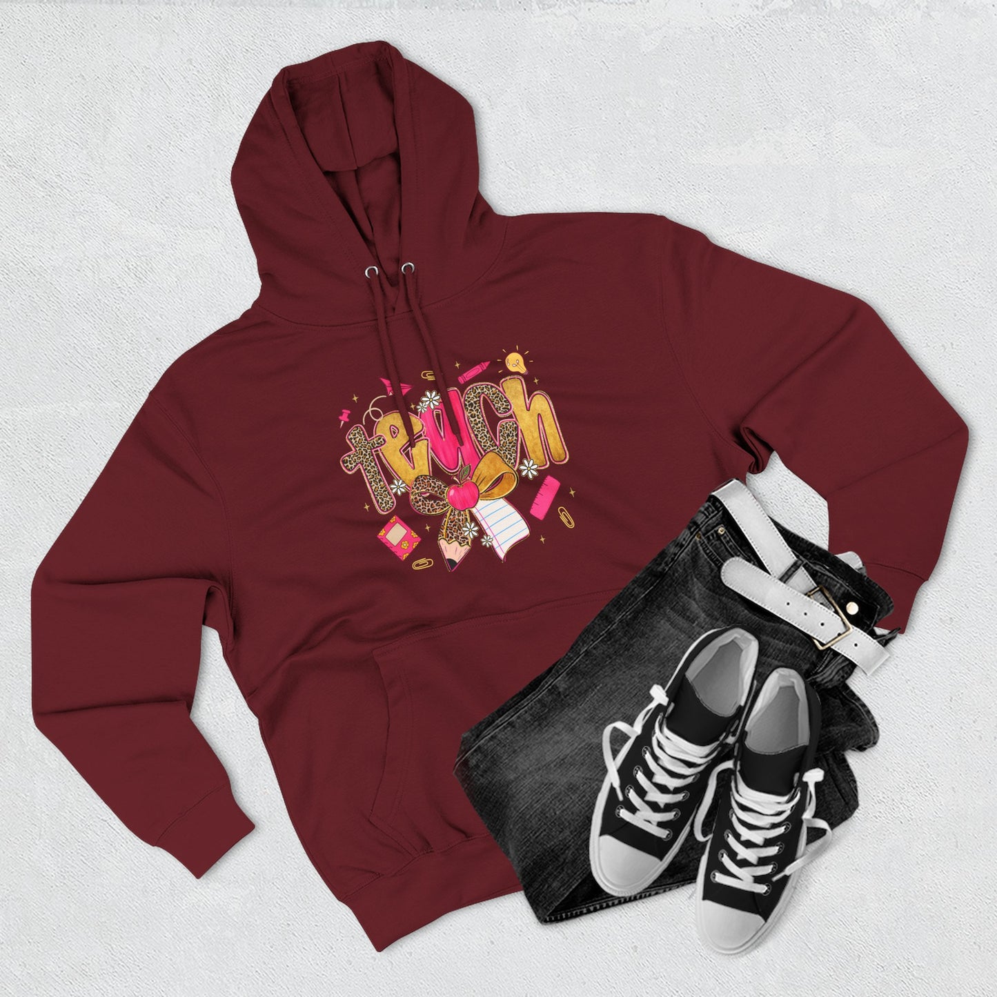 Teacher Cute Graphic Hoodie — "Teach" School Supplies Design