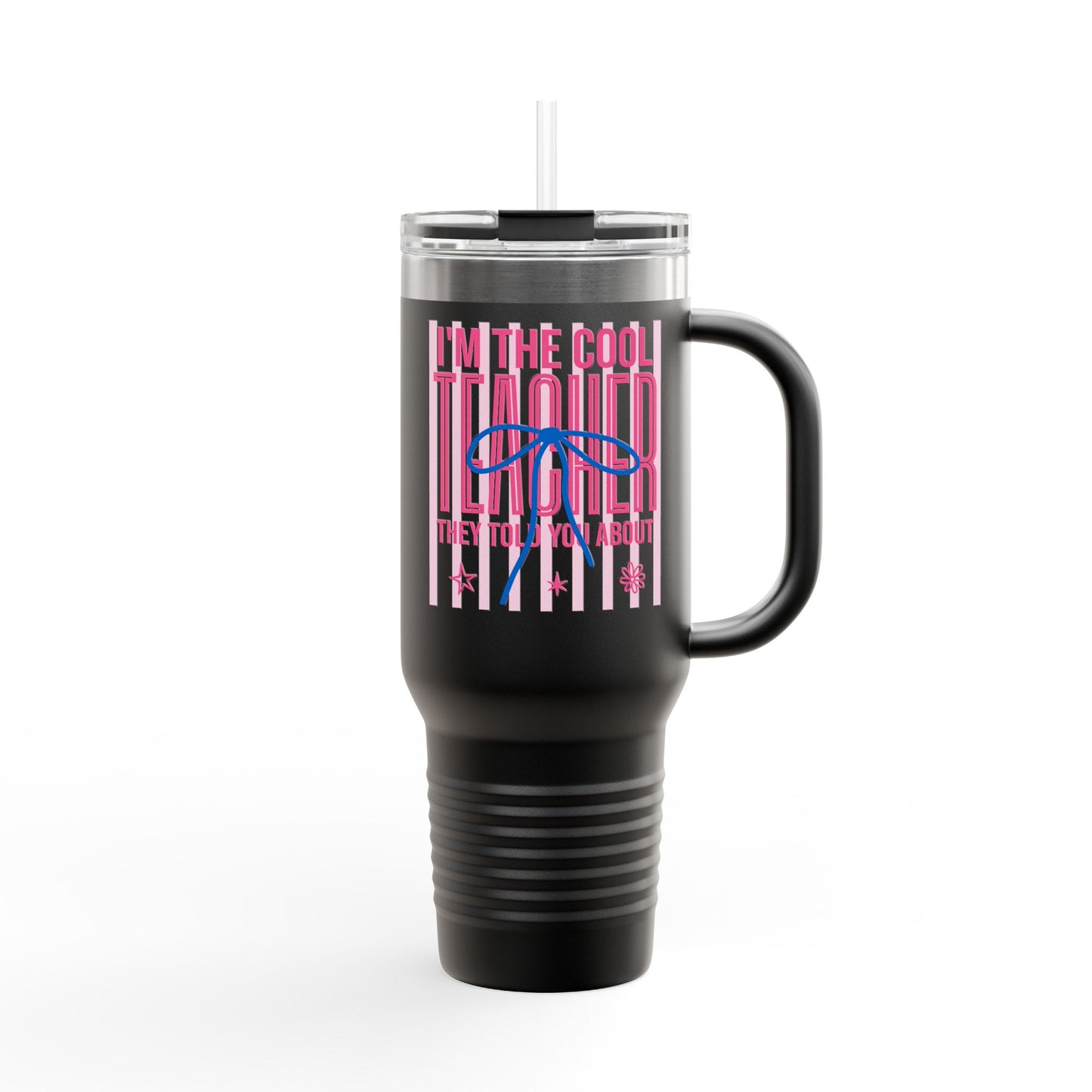 40oz Insulated Travel Mug — "I'm the Cool Teacher They Told You About" Pink Retro Design