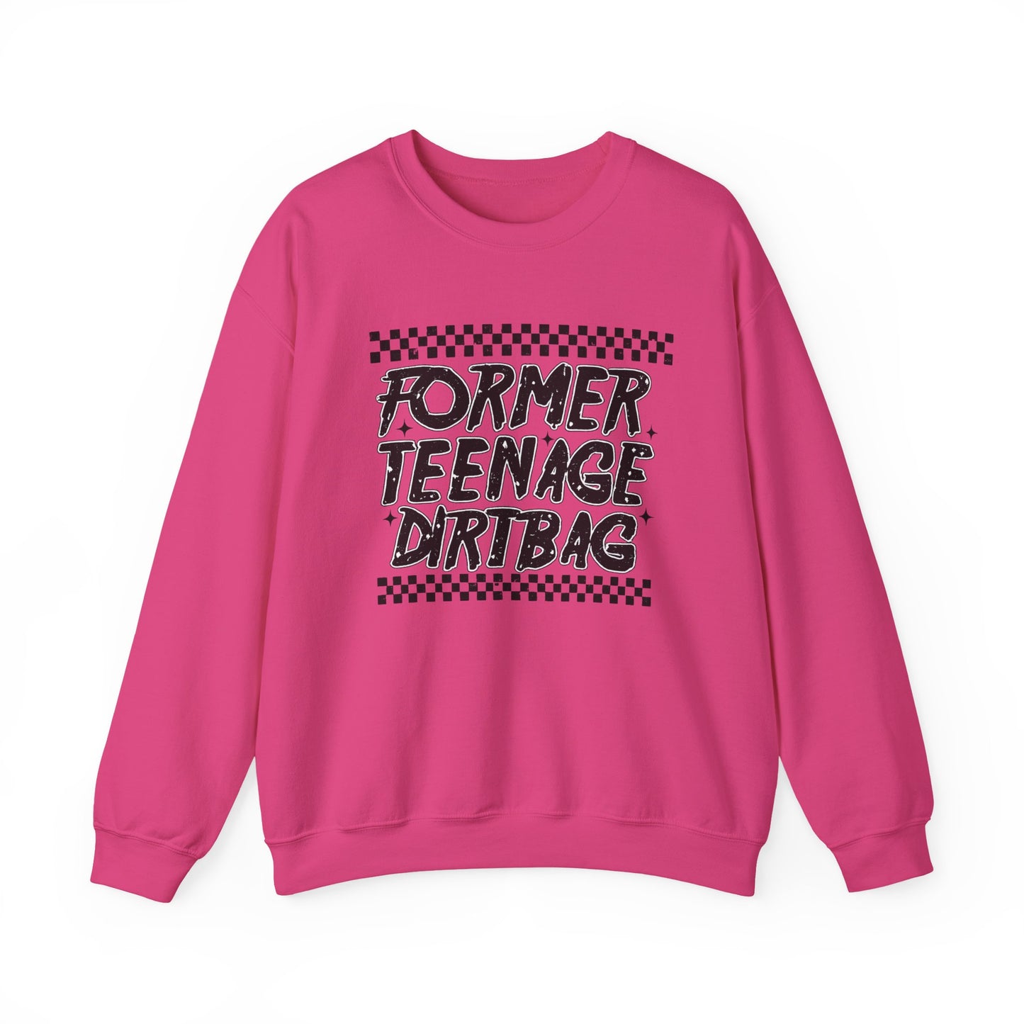 Crewneck Sweatshirt — "Former Teenage Dirtbag" Retro Checkered Graphic