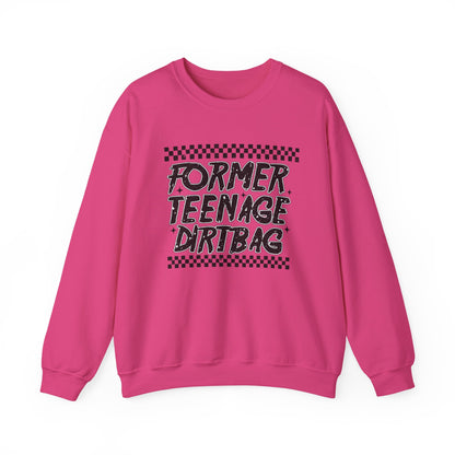 Crewneck Sweatshirt — "Former Teenage Dirtbag" Retro Checkered Graphic
