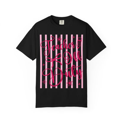 Teacher Off Duty T-Shirt — Pink Script Teacher Appreciation Tee