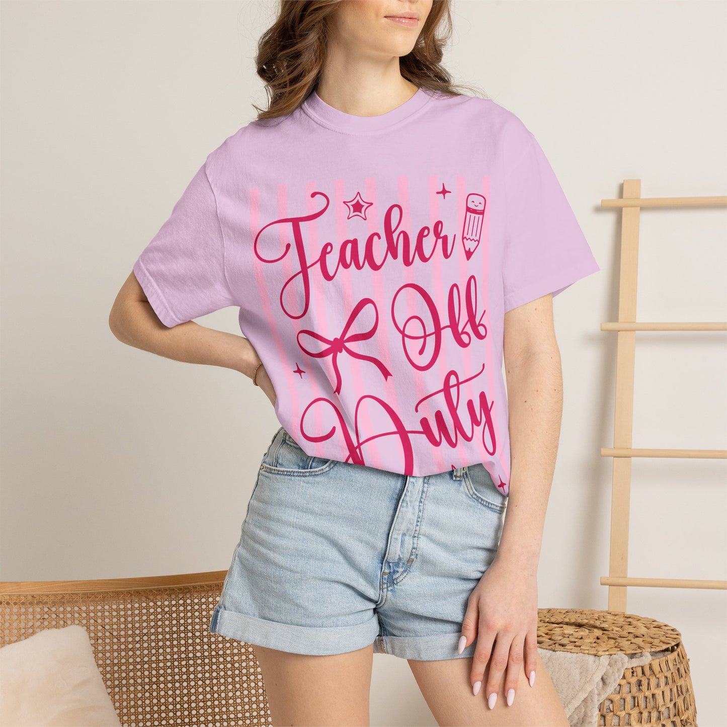 Teacher Off Duty T-Shirt — Pink Script Teacher Appreciation Tee