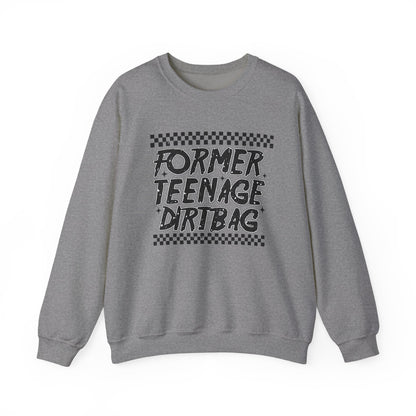 Crewneck Sweatshirt — "Former Teenage Dirtbag" Retro Checkered Graphic