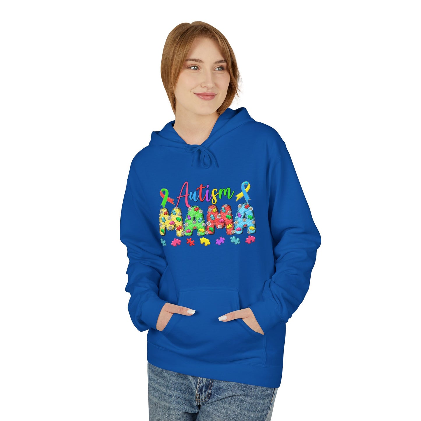 Autism Mama Hoodie — Colorful Puzzle-Print Mom Sweatshirt