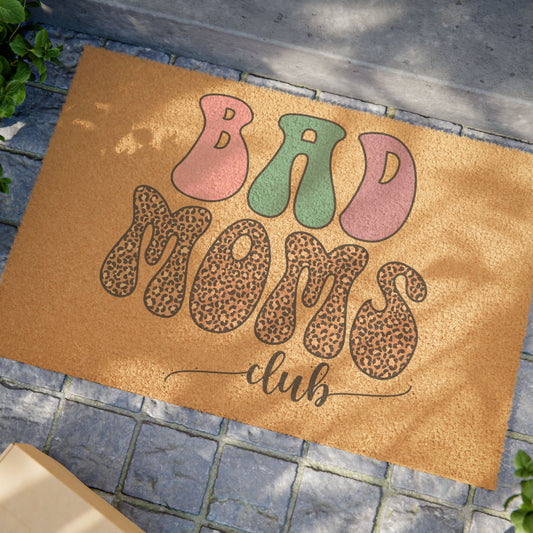 Bad Moms Club Doormat — Retro Leopard Print Welcome Mat for Funny Mom Gifts
