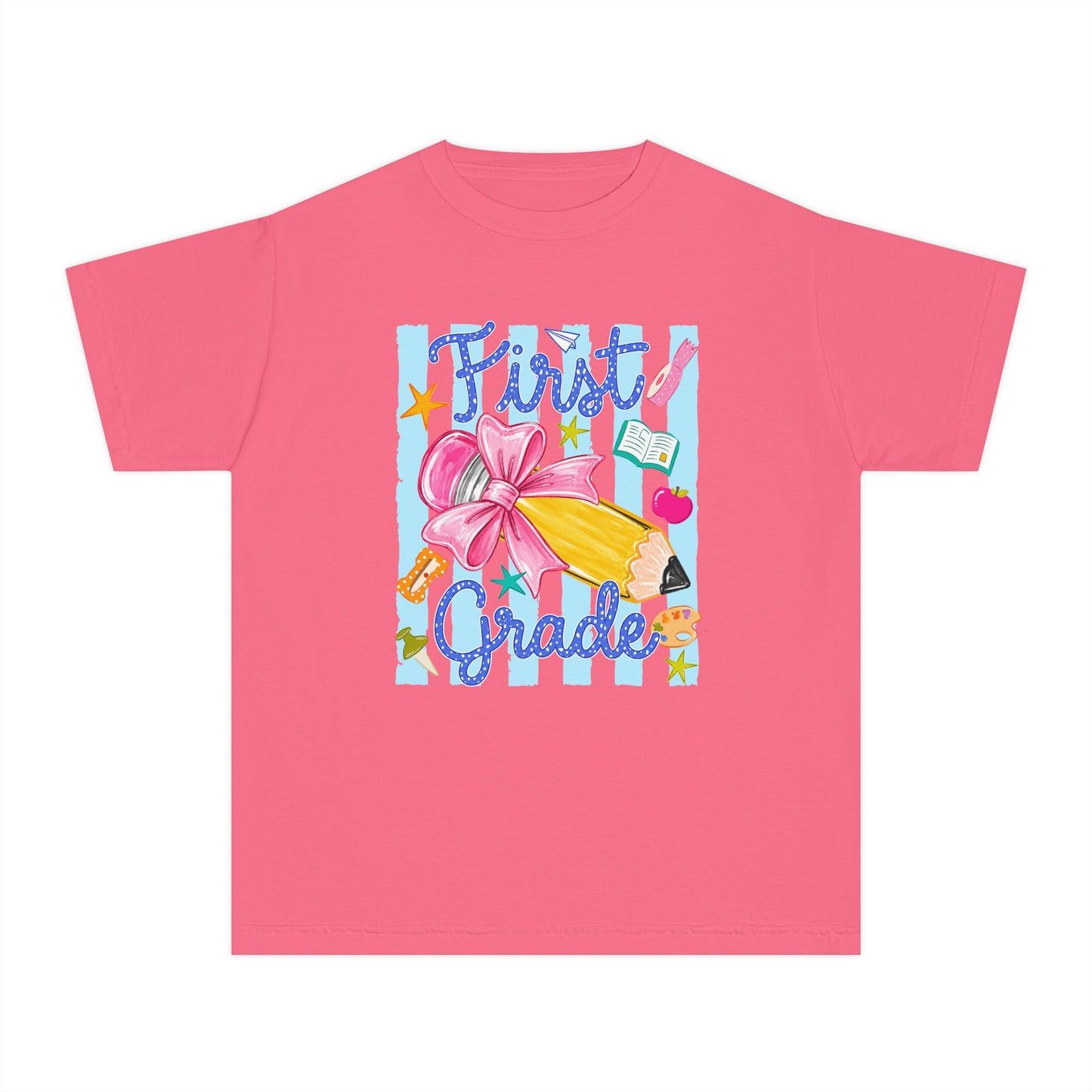 First Grade Youth Tee — Back to School Girls' Cute Pencil & Bow Design