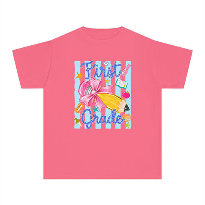 First Grade Youth Tee — Back to School Girls' Cute Pencil & Bow Design